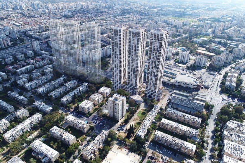 הדמיית פרויקט רובע איילון של מצלאוי ונצבא ברחוב יוספטל בת ים שלושה בניינים ושלושה עתידיים // הדמייה: וויופוינט