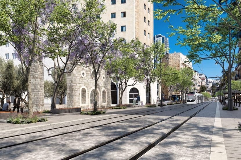 הקו הכחול של הרכבת הקלה ברחוב המלך ג'ורג' // הדמיה: צוות תוכנית אב לתחבורה ירושלים